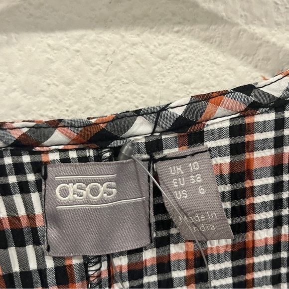 ASOS size 6 plaid maxi length wrap dress orange blue white puff sleeve - Picture 5 of 10